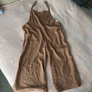Tan Linen Wide-Leg Overalls